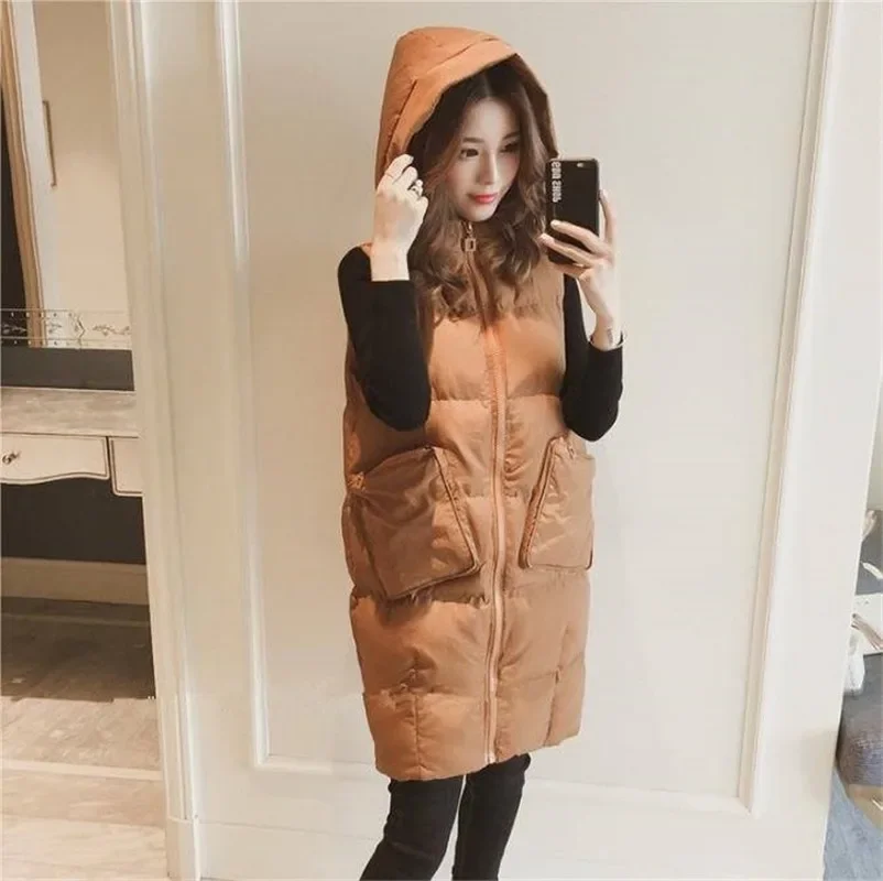 Autumn Winter Women Vest Waistcoat Long Down Cotton Jacket Loose Oversize Bread Jacket Sleeveless Hooded Vest  with Pocket