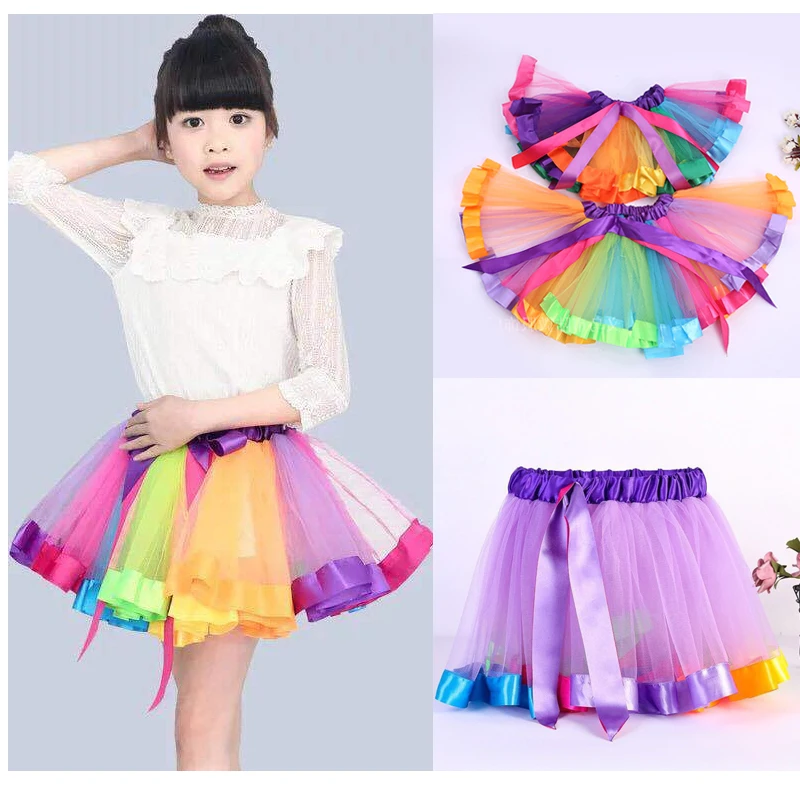 Summer Fashion Girls Rainbow Skirt Mesh Colorful Ballet Short Skirt Dance Performance Puffy Skirt Kids Birthday Party Skirt