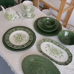 French Retro Mary's Dark Green Ceramic Tableware Bowls Plates Coffee Cups Teapots Light Luxury Style Creative Tableware