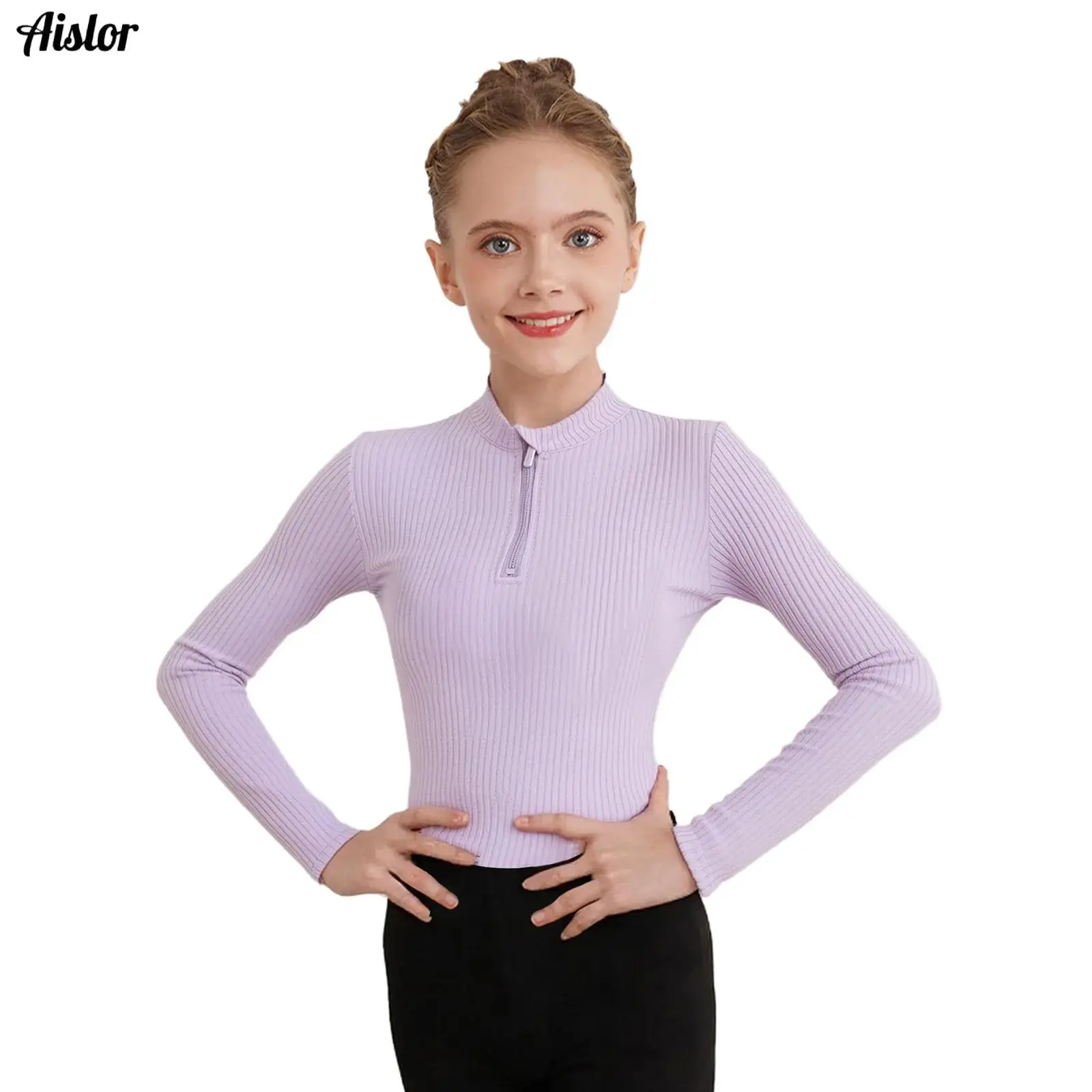 

Kids Girls Ribbed Dance Tops Sweatshirt Stand Collar Long Sleeves Thumbhole Casual Solid Color Zip-Up Pullover Tops Dancewear