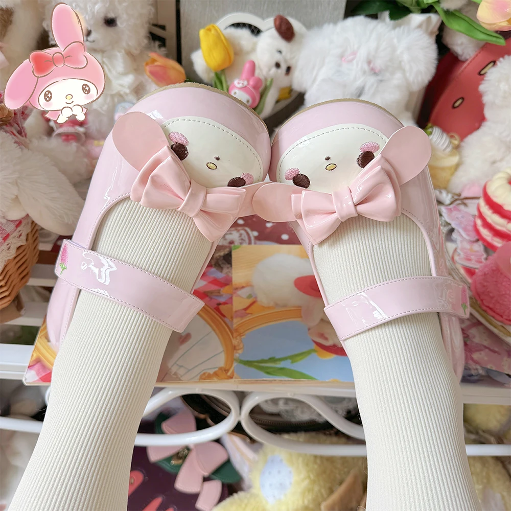

Sanrio Melody Lolita Shoes, милые милые студенческие туфли для девочек с рисунком Kawaii, туфли принцессы на мягкой подошве с круглой головкой, розовые кожаные туфли на плоской подошве