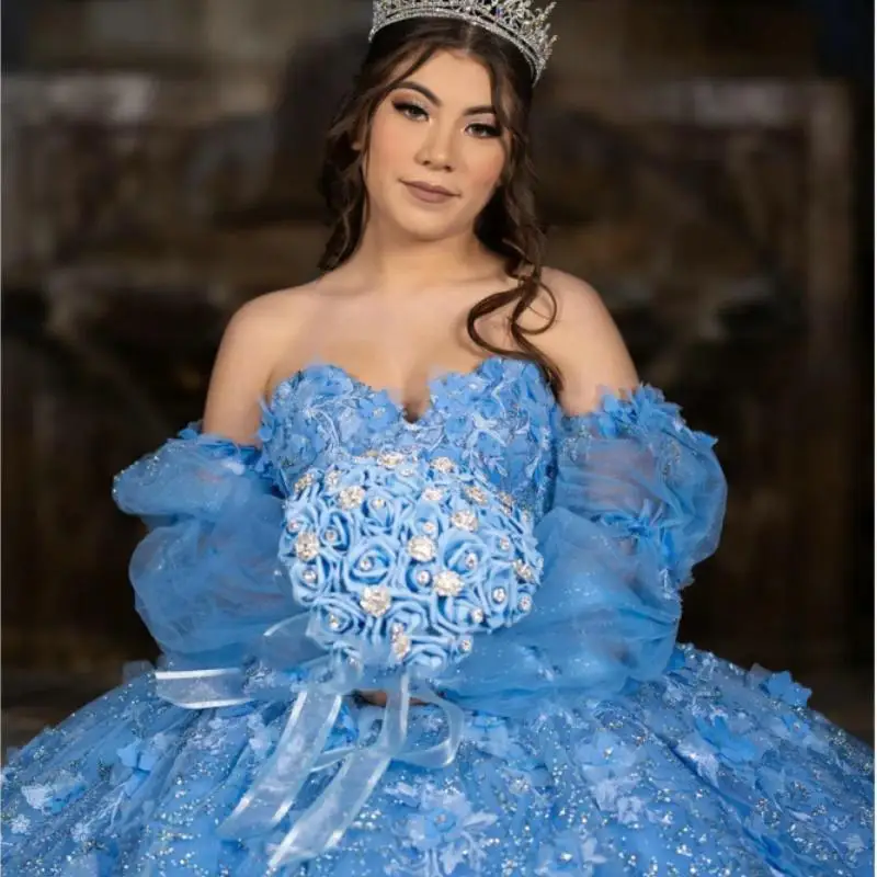 Sweet 16 Princess Beading Quinceanera Dresses Ball Gown Off Shoulder 3D Flowers Vestidos Para XV Años Customized