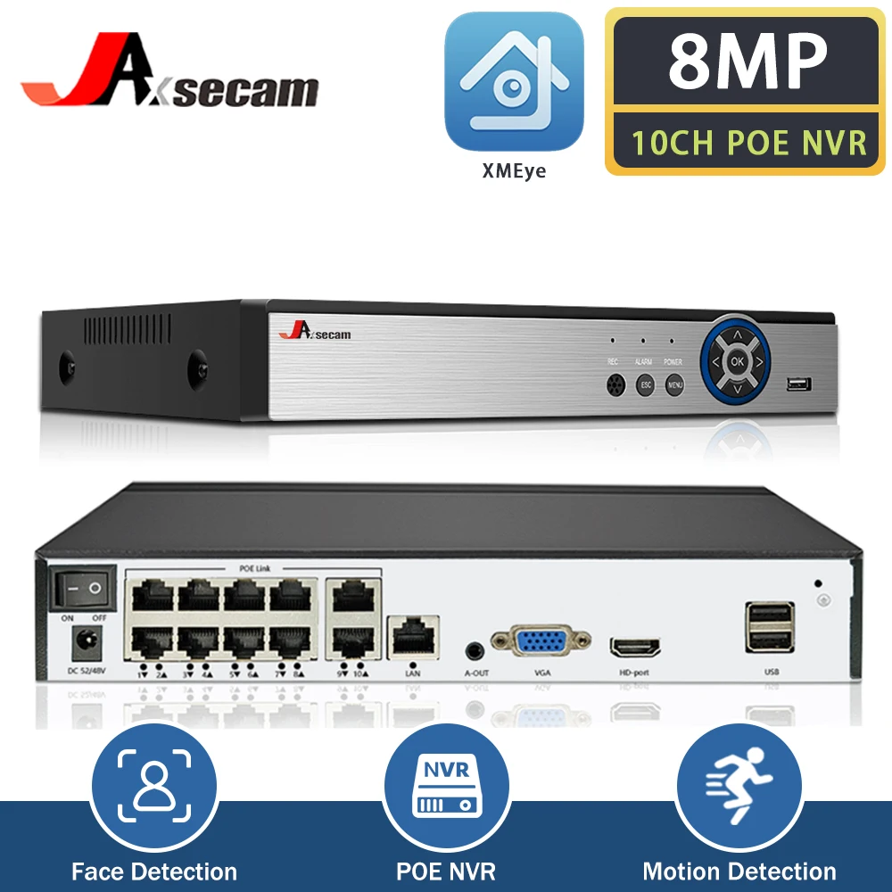 Sistema de Seguridad NVR POE, grabador de videovigilancia de red IP, H.265, NVR, 10 canales, detección de movimiento, XMEYE, 8MP, P2P