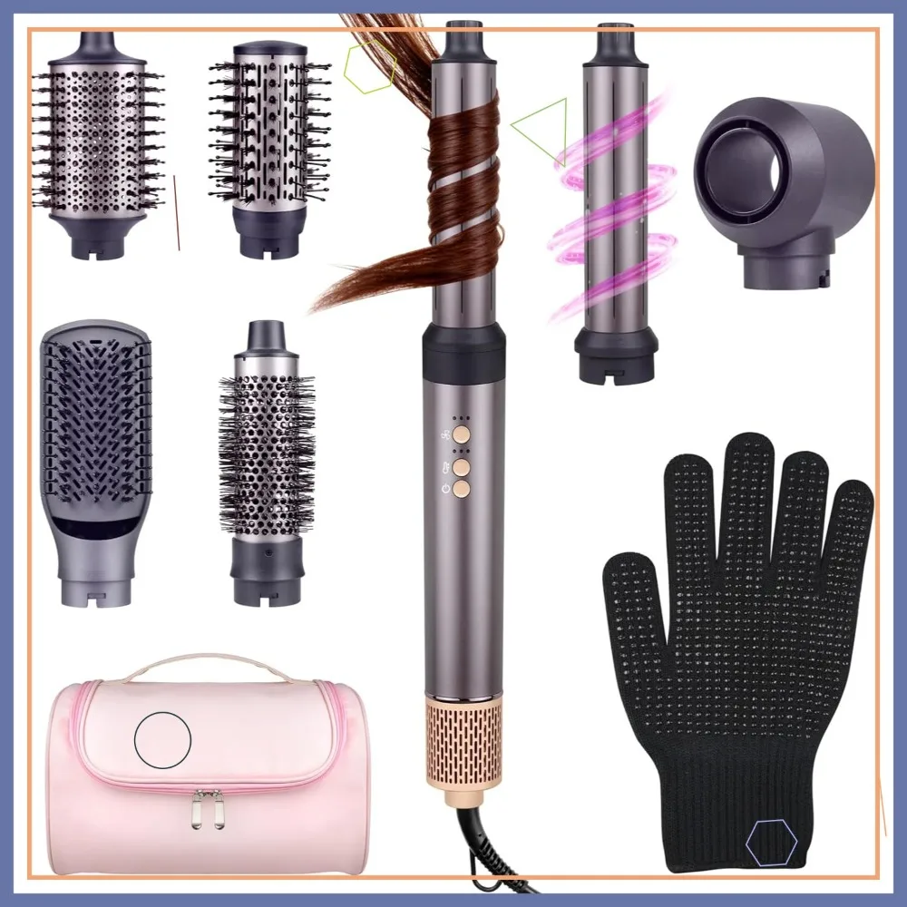 

7-in-1 Hot Air Styler: Blow Dryer Brush with Auto Wrap Curler, Round & Oval Brushes, Straightening Drying 1400W