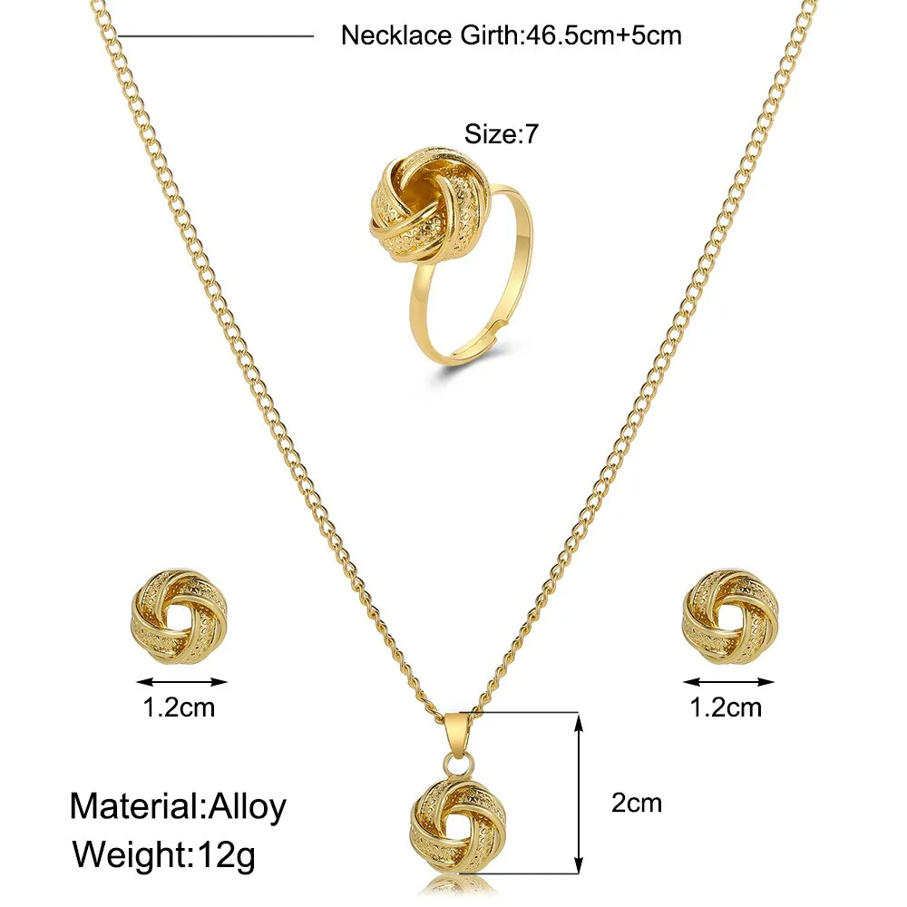 Gold Color Alloy Metal Twist Lucky Knot Earrings Necklace Ring Jewelry Set for Women Girls Trendy Geometric Vintage Accesories