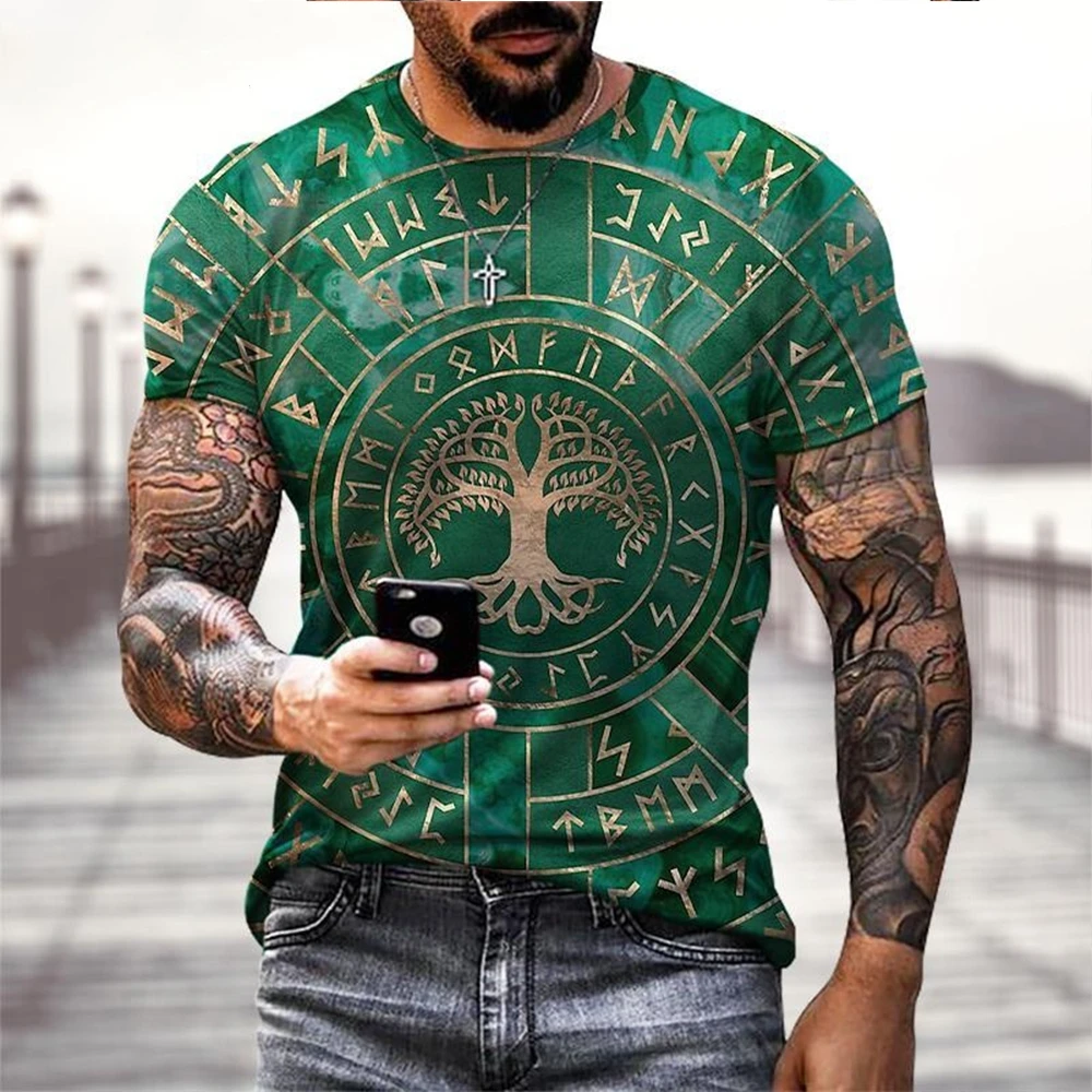 Mythologie Boom Patternviking Tattoo 3D Afdrukken T-shirt Herenmode Straat Hip Hop Viking Patroon Korte Mouw Tops Zomer