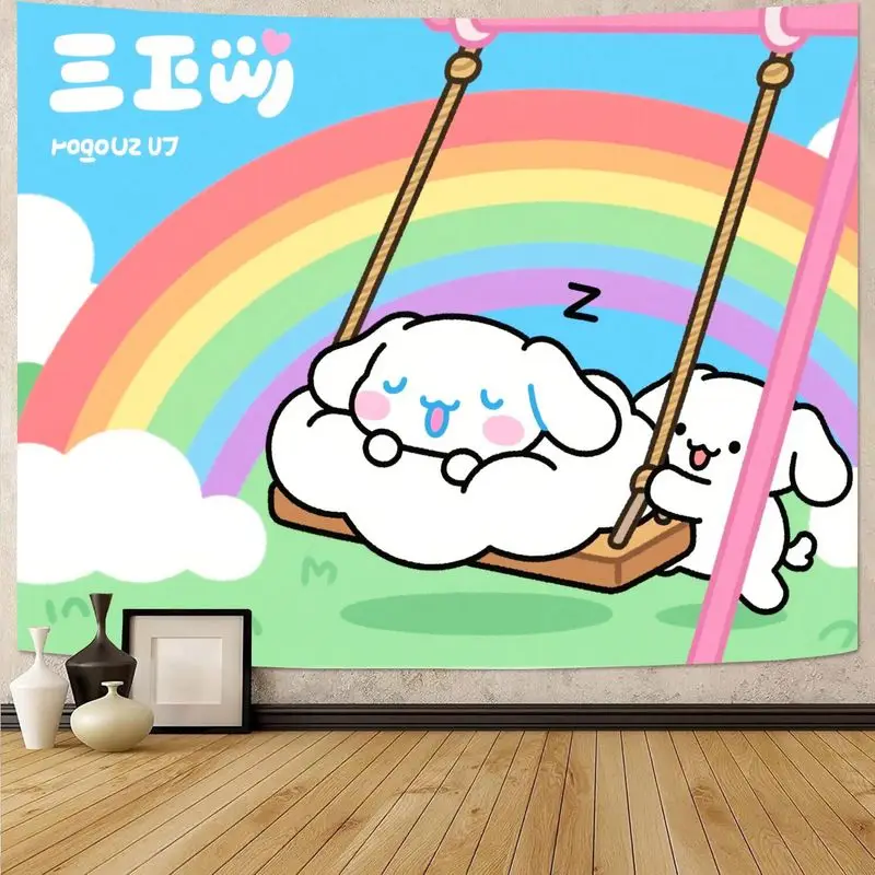 

1PC Kawaii Cinnamoroll Style Dog Sleeping on Cloud Swing Tapestry Rainbow Wall Art Aesthetic Room Decor Gift for Girls Kids