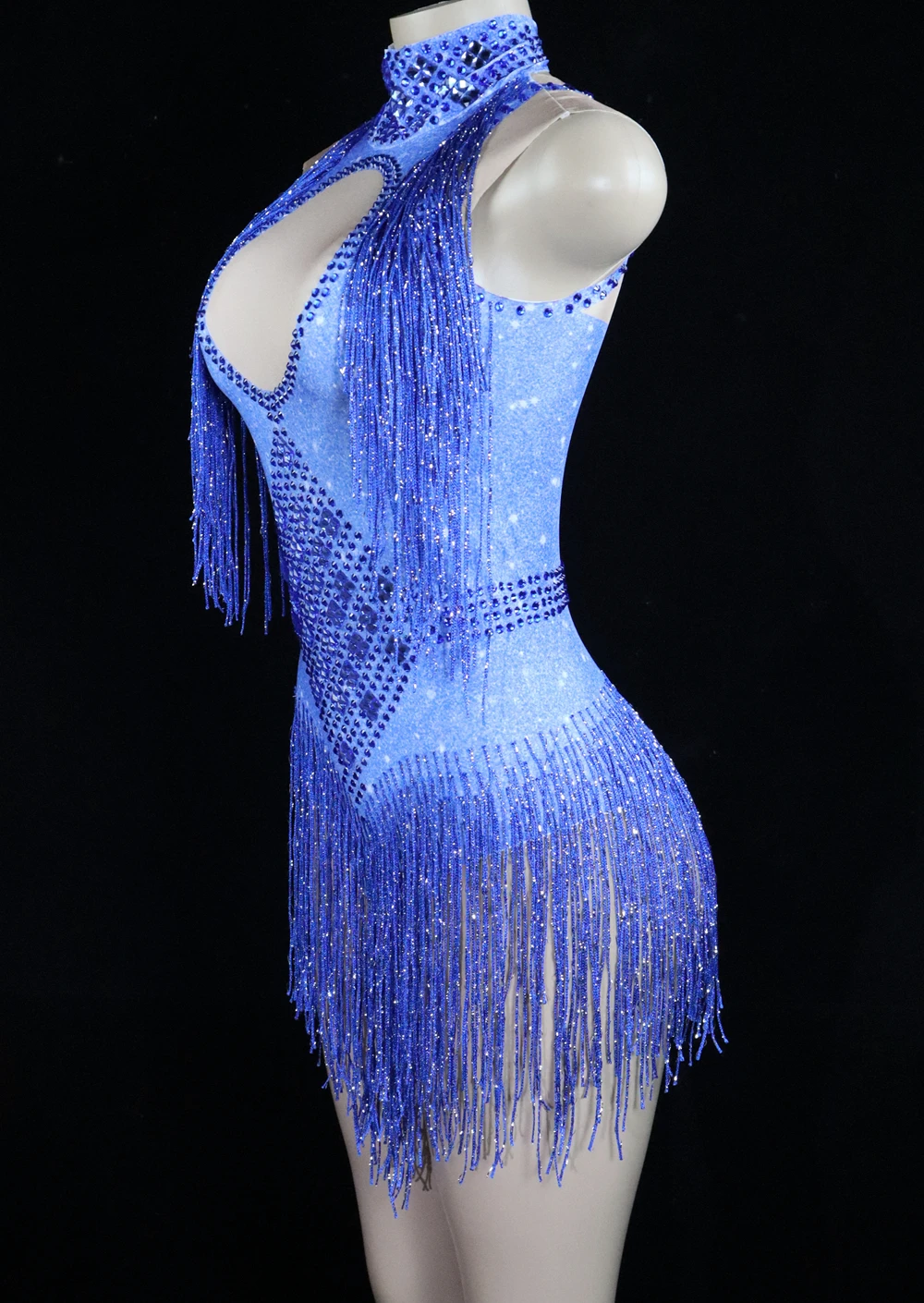 Leotard elástico com strass brilhantes e franjas, traje de dança, show de desempenho, traje do palco, bodysuit, roupa de festa, roupa dançarina cantora