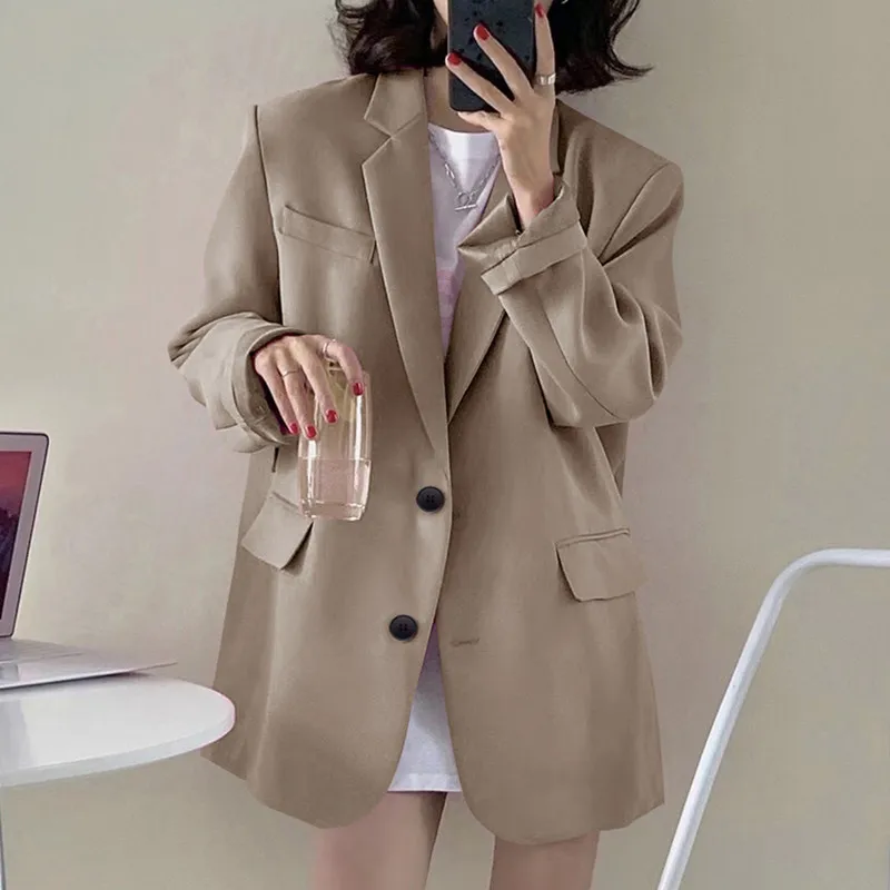 White Long Sleeve Flap Pockets Two Buttons Loose Fit Casual Blazer Autumn Winter Solid Color Casual Lapel Suit Jacket Outerwear