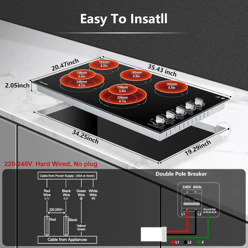 AMZCHEF Electric Cooktop 36 inch Built-in Electric Stove Burner with 5 Burner,8900W Power Control by Knob,Ceramic Electric Stove