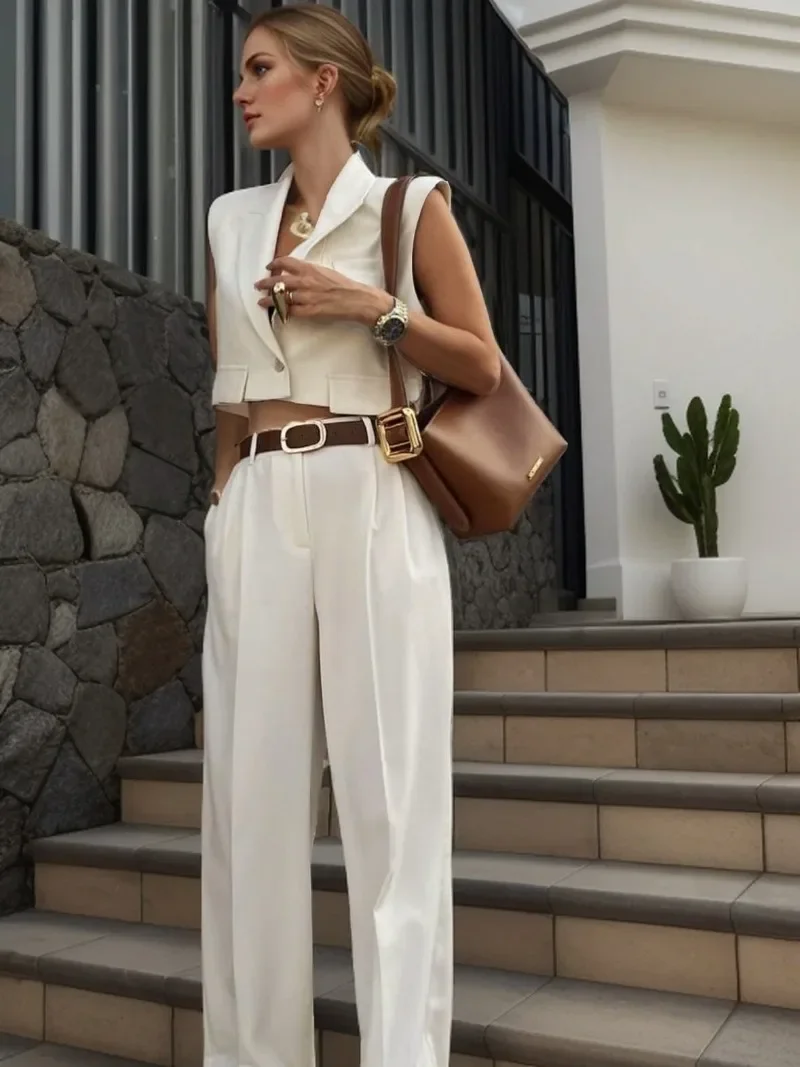 Autumn Office Two-piece sets 2024 Women Suit Collar Vest Sets Female Sleeveless Slim One Button Tanks Female Pleated Pants Suits