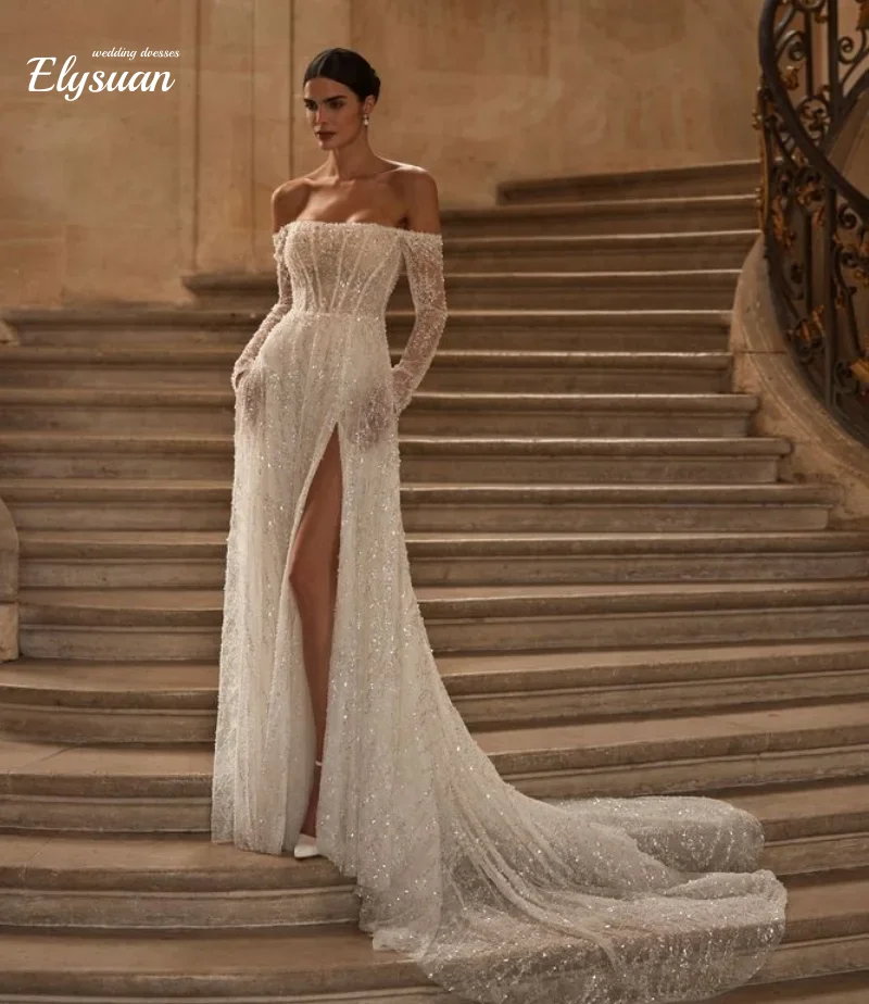 

Customized Romantic Boat Neck Sequins Off Shoulder Wedding Dress Long Sleeves A-Line Court Train Bride Dress Vestidos De Noiva