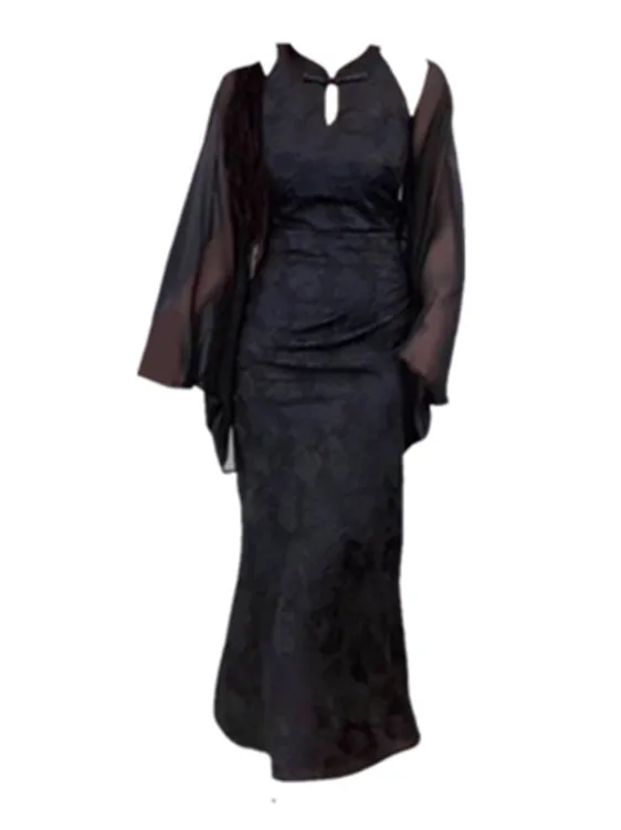

plus Size Fashionable Chinese Style Slimming Design Qipao Dress with Shawl Open Cardigan Two Piece Set Women's Clothing
