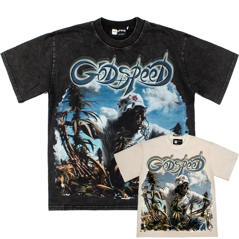 American Style Godspeed Zombie Skeleton Print Washed out Cotton Short Sleeve T-Shirt Loose Fit Streetwear for Youth And Teens