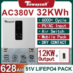 AC380V 3-phase 48V Powerwall 32KWh 20KWh ALL in One ESS 51V 628Ah 400Ah LiFePO4 Battery Pack Buitl-in 12KW Inverter WiFi Monitor