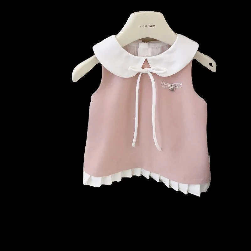 Shirring Sweet Basic Comfortable Stylish Sleeveless Casual Dress Summer New Girls Contrast Color Peter Pan Collar Bow Spliced