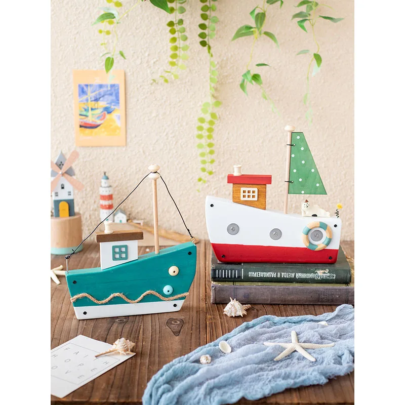 TingKe Japanese-Style Handmade Wooden Sailboat Ornaments, Nordic Home, Children's Room Decoration, Sailboat Model, Gift