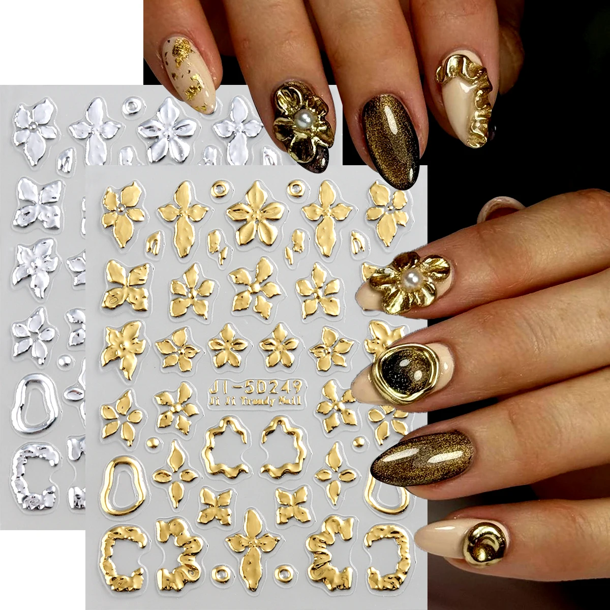 Gilded Sliver French irregular floral Nail Art Stickers Metallic effect Embossy Self-Adhesive Shimmery Finish Elegant Sticker