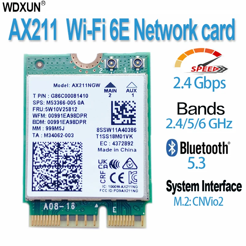 

Wi-Fi6E AX211 M.2 Key E CNVio2 Wifi Card Dual Band 5374Mbps Wireless Bluetooth 5.2 2.4G/5G/6G 802.11ac/ax support window11