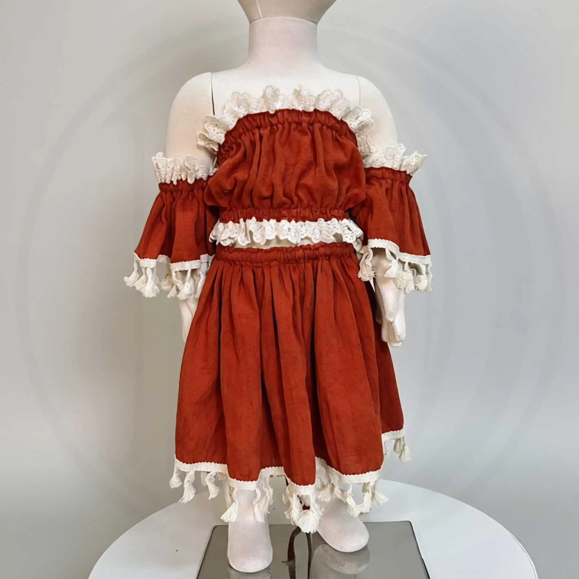 Don&Judy Boho-Stil-Kleid für Mädchen, zweiteiliges Set, Rock, Baumwolle, Spitzenbesatz, Stoff für Mädchen, 3–6 Jahre, Fotorock – Detail 4