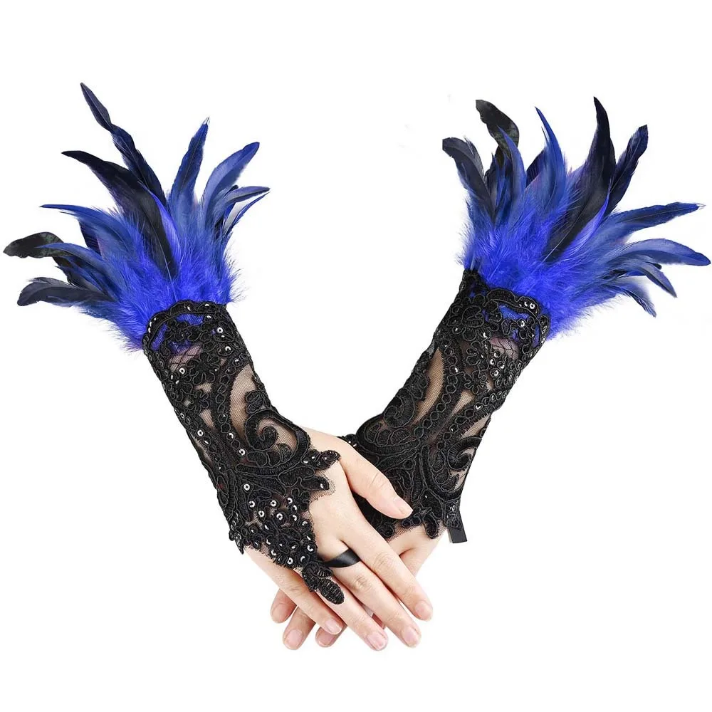 

Retro Halloween Feather Gloves Embroidery Gothic Sequins Feather Lace Gloves Wristband Cuffs Women Halloween Arm Sleeves