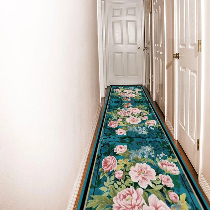 Reese Long Lobby Carpet Autumn Bright Color Lint-free Rugs Hallway Decor Corridor Aisle Blue Traditional Chinese Peony Rose Mats