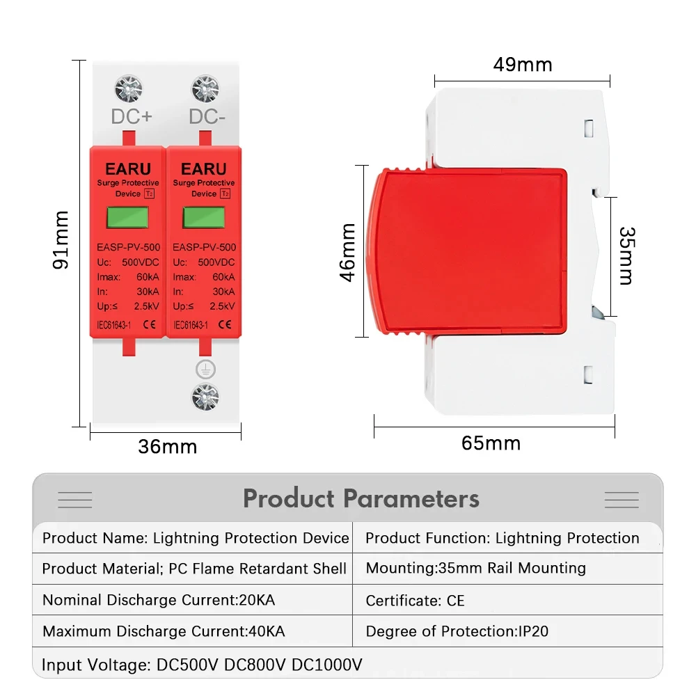 2P DC SPD Surge Protective Device 500V 800V 1000V 20KA 40KA Voltage Protector Solar PV Photovoltaic Lightning Arrester