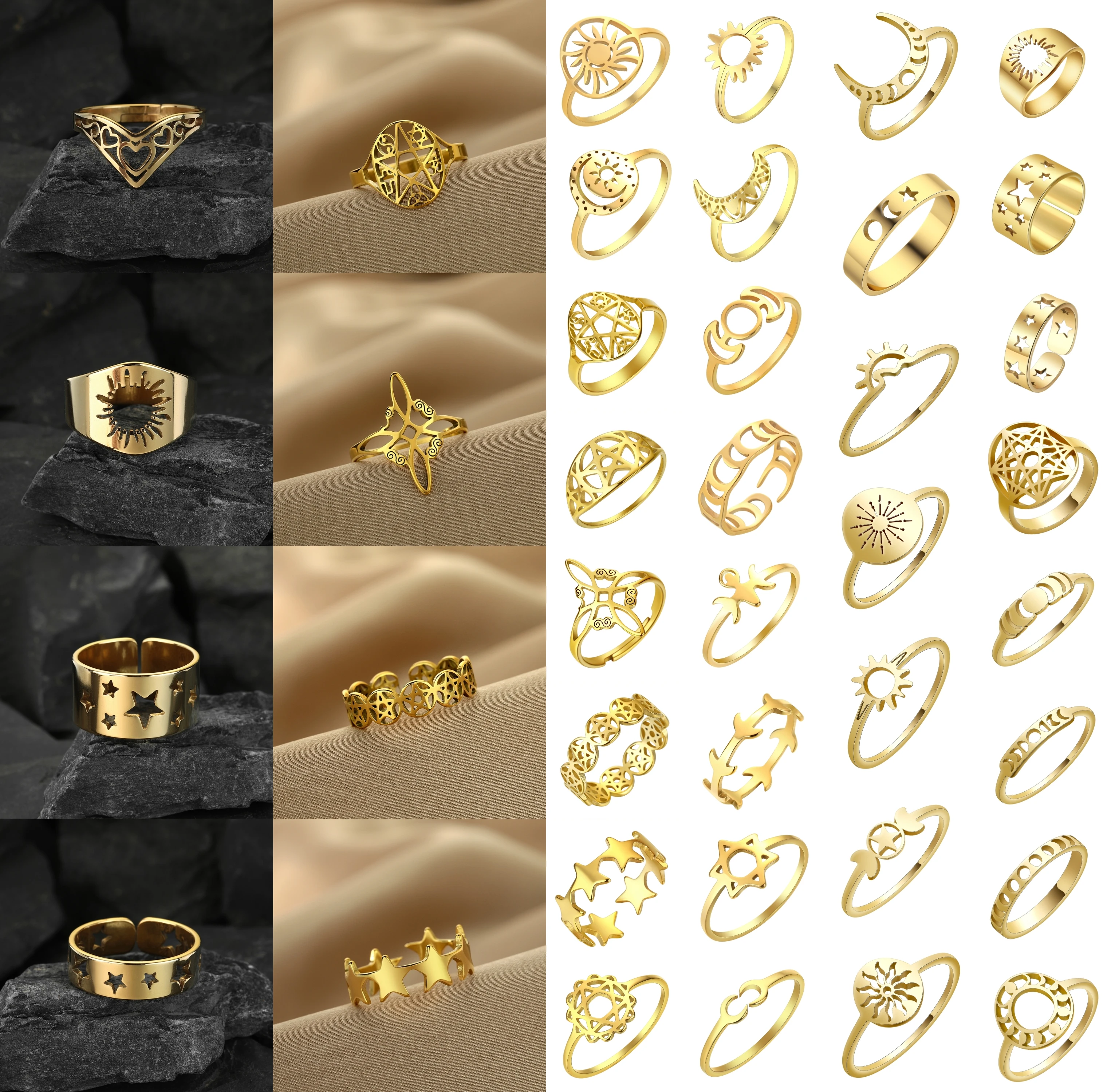 Vintage Moon Star Ring for Women Stainless Steel Ring Fashion Gold Color Finger Rings Jewelry Gifts Boys Male Sun Hip Hop Punk