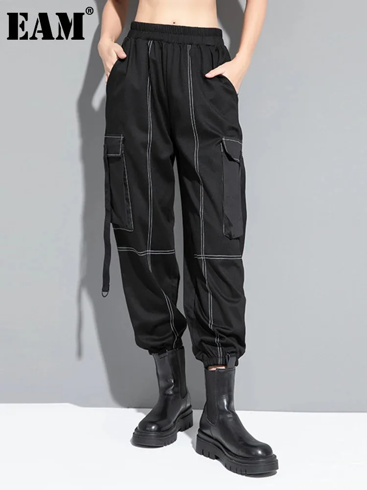 

[EAM] High Elastic Waist Black Pockets Bandage Pants New Loose Fit Trousers Women Fashion Tide Spring Autumn 2024 1DF6009