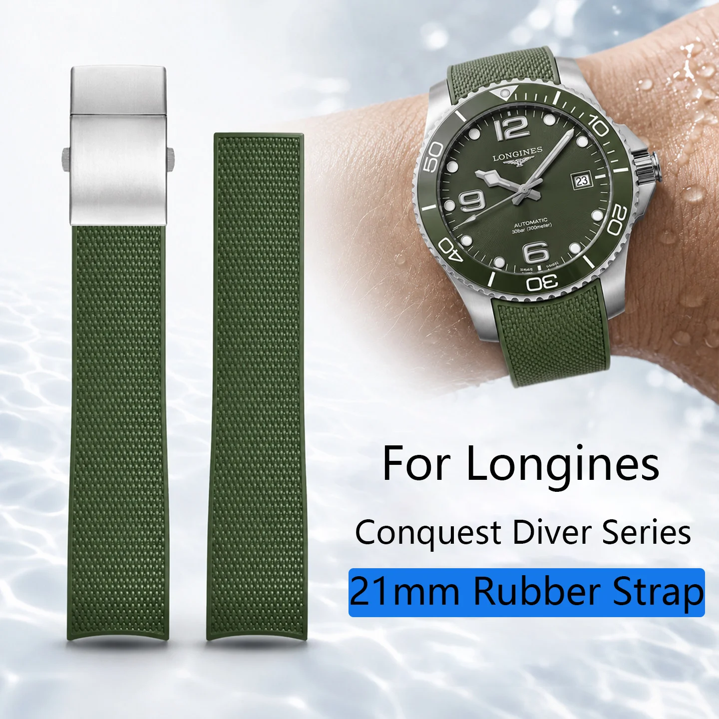Dive Sport Rubber Strap 21MM Curved Ends Compatible With Longines HydroConquest Series Metal Deployment Buckle Replacement Strap