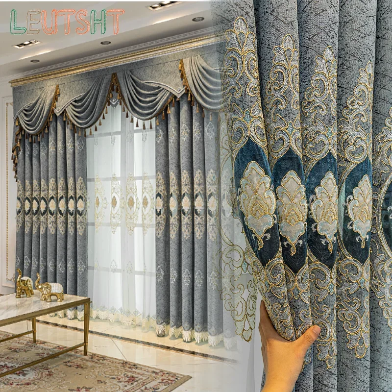 

European Curtains for Living Dining Room Bedroom Light Luxury Chenille Cashmere Embroidered Tulle Curtains valance Custom Made
