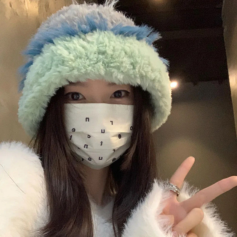 Fischerhut mit großem Kopfumfang für Damen – koreanisch inspirierte Fuzzy-Gesichts-Schmeichelhafte Strickmütze mit warmer Ohrenklappe für Herbst und Winter