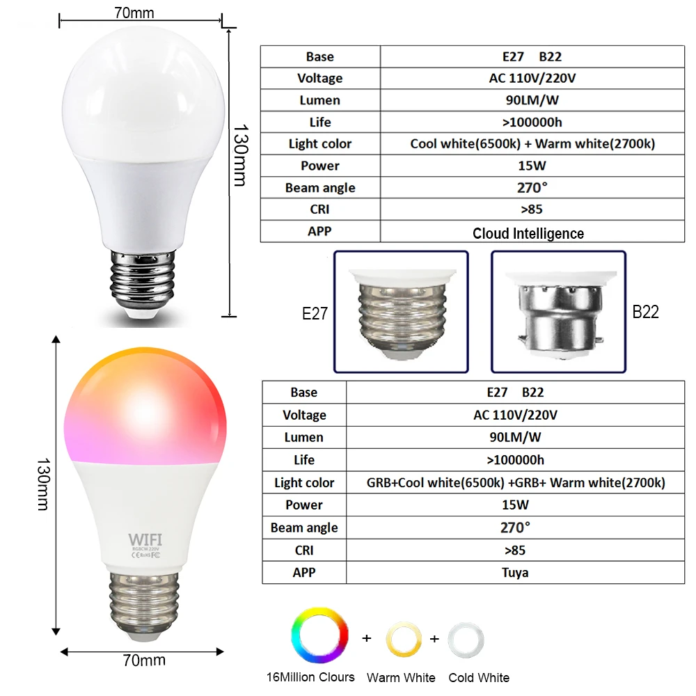 15W High Power Tuya WiFi Smart LED Light Bulb E27 B22 RGB CCT Dimmable Lamp Smart Life App Control Works with Alexa Google Home