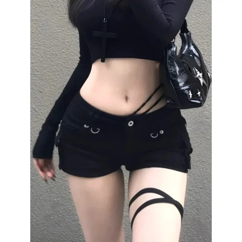 Mini pantalones cortos vaqueros negros góticos Vintage para mujer, ropa de calle de tiro bajo, pantalones cortos vaqueros Y2k, ropa holgada, pantalones cortos Coquette