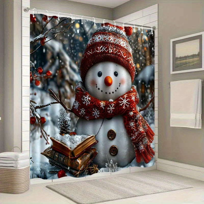 Festive Snowman Shower Curtain with Hat & Scarf Design - Machine Washable Polyester Bathroom Decor, Includes Hooks
