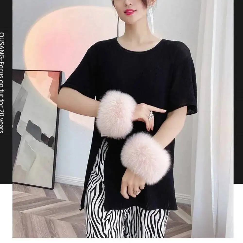 Women 100% Real Fox Fur Wrist Cuffs Winter Warmer White Arm Warmers Covers Luxury Natural Fashion Lady Detachable Sleeves