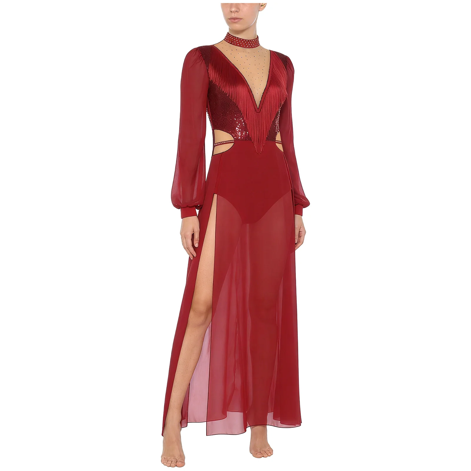 Frauen Bauchtanz Fransenkleid Pailletten Quaste Brust Langarm Body mit Schlitz Chiffon Saum Maxikleid Latin Rumba Dancewear