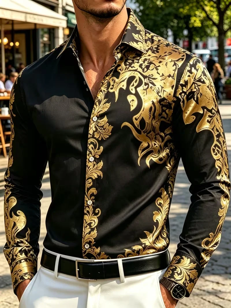 Fashion Men Satin Long Sleeve Shirt Black Gold Vintage Scroll Floral Printed Slim Formal Evening Club Wear Button Up Tops