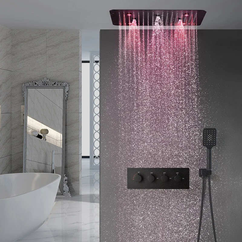 20inches LED Bathroom Matt Black Shower Set Faucet Massage Rain Black Shower head Panel System With Thermostatic Diverter