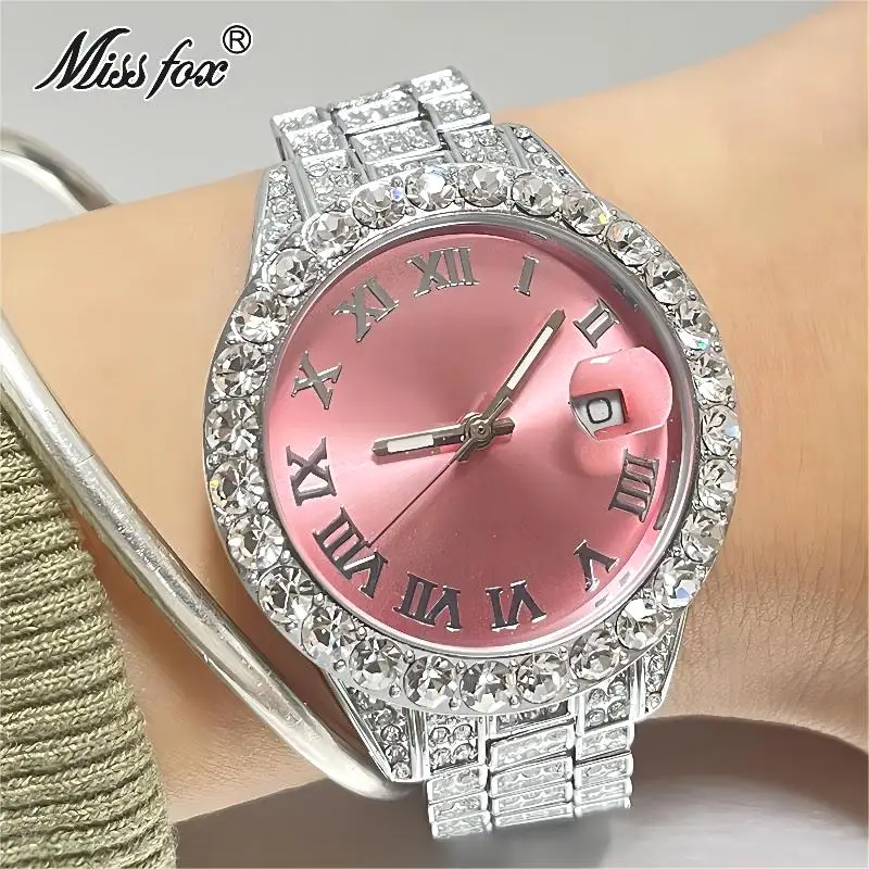 Iced Out Watch Women Fashion Roman Scale Pink Dial Luxury Diamond Calendar Waterproof Quartz Watches for Woman Gift Drop Shippin - view 6