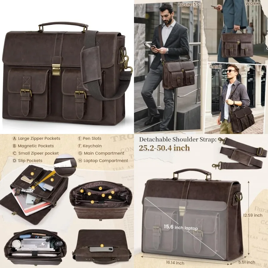 

Mens Messenger Bag Leather Vintage Laptop Briefcase Waterproof Computer Laptop Bag Leather Satchel Bag Shoulder Bag for Office