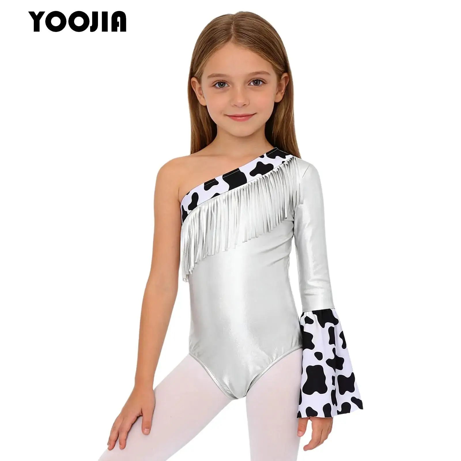 

Fancy Western Cowgirl Jumpsuit Halloween Cowboy Costume Dress Up Long Flare Sleeve Fringed Metallic Shiny Leotard Bodysuit