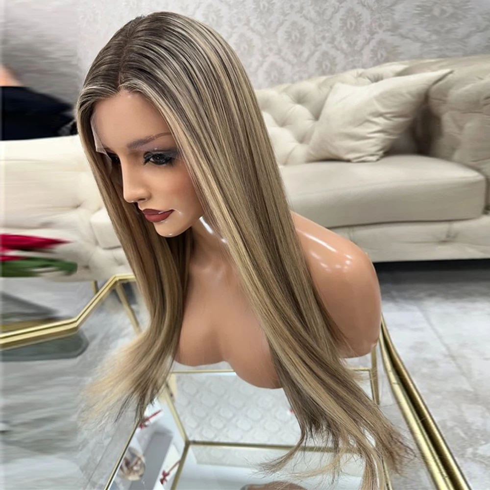 تسليط الضوء على شقراء الدانتيل شعر مستعار أمامي طويل مستقيم الاصطناعية الدانتيل الباروكات المخلوطة الشعر البشري ألياف مقاومة للحرارة الرماد شقراء الدانتيل الباروكات