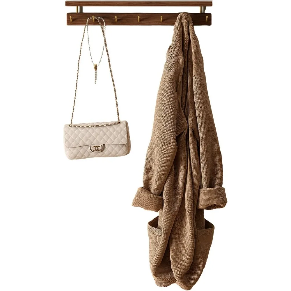 

Walnut Wall Hooks with Shelf, Coat Rack Wall Mount, Entryway Hanging Shelf with 9 Brass Hooks for Hats, Clothes, Towels, Bags,