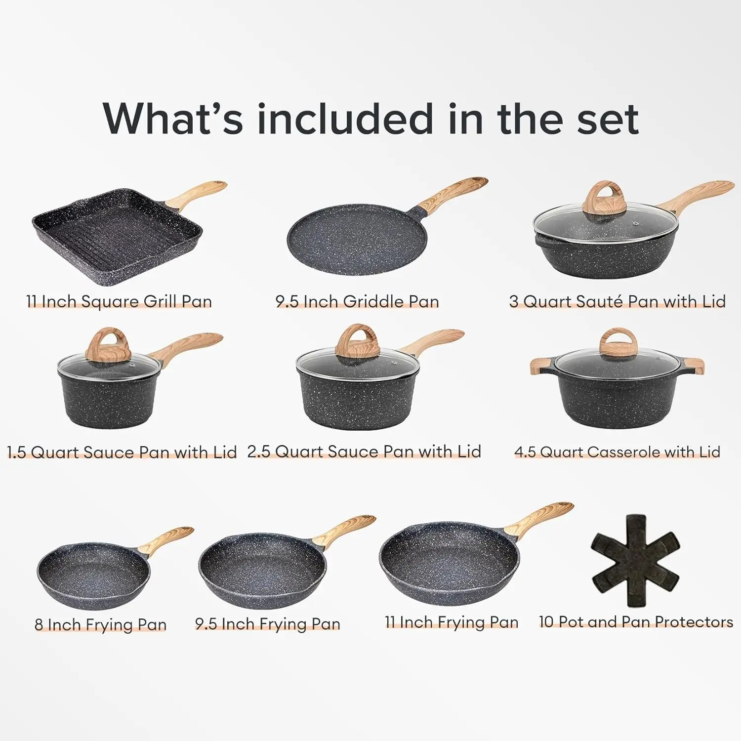 JEETEE Pots and Pans Set Nonstick 23pcs, W/Gray Granite Stone Frying Pans, Saucepans, Sauté Pan, Griddle Pan & Crepe Pan