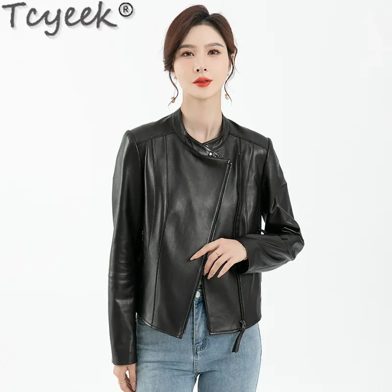 Tcyeek, chaqueta de cuero genuino para mujer, abrigo de cuero negro, abrigo de piel de oveja de gama alta, chaquetas para mujer, ropa de primavera y otoño 2024