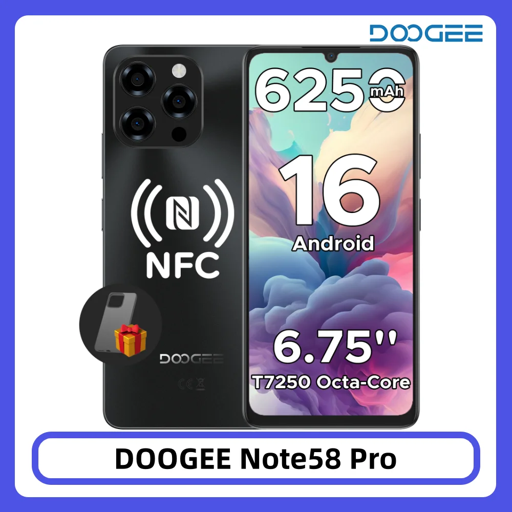 Smartfon DOOGEE Note58 Pro 32GB 256GB 6.75" HD+ 90Hz 6250mAh Duża bateria 16MP Kamera Czytnik linii papilarnych Android15 NFC Telefon komórkowy