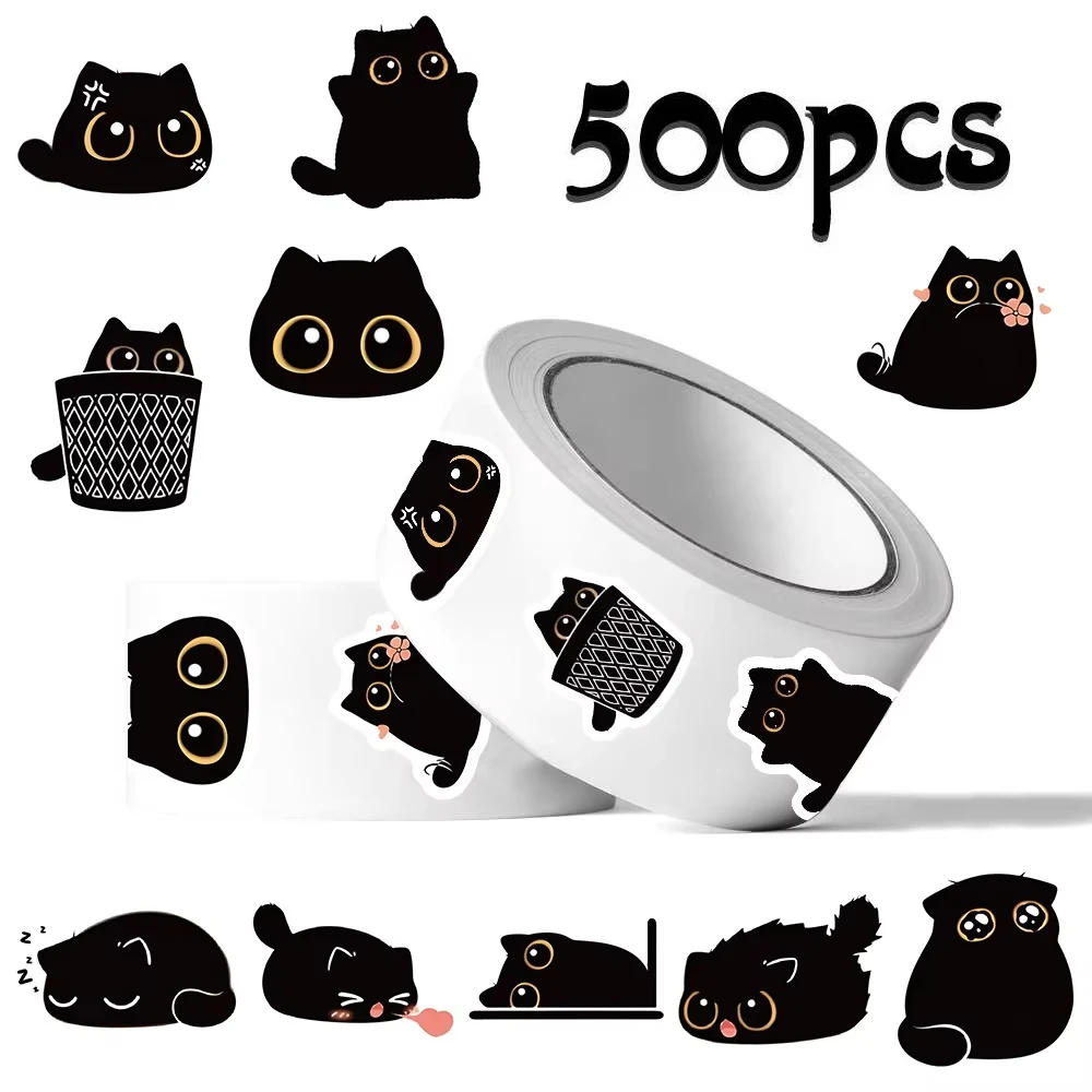 500 Stück/Rolle Niedliche Schwarze Katzen Cartoon-Aufkleber, Minimalistischer Stil, Süß & Lustig, Perfekt für Dekoration, Versiegelung & Scrapbooking