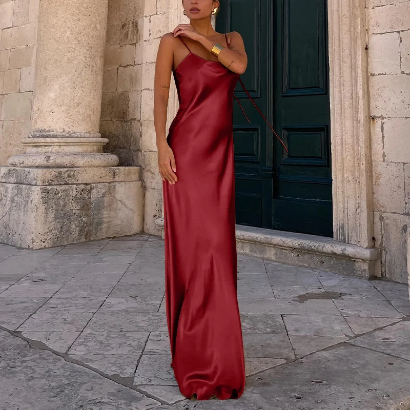 エレガントなイブニングパーティードレス女性のセクシーなノースリーブバックレスストラップサテンロングローブホリデービーチストリートウェアクラブウェアvestidos