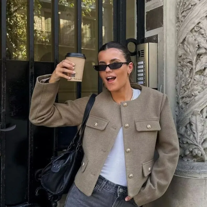 

Women's Clothing Spring Autumn Bomber Jacket New Crop Tops Round Neck Multiple Pockets Coat Single Breasted Long Sleeves Blazer